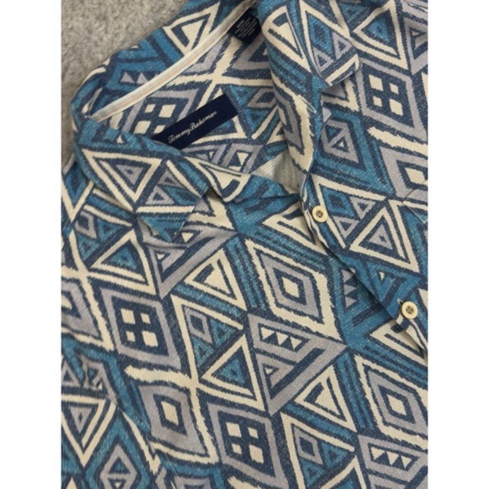 Tommy Bahama Shirt Mens M Blue Geometric Silk Tropical Hawaiian Magnum